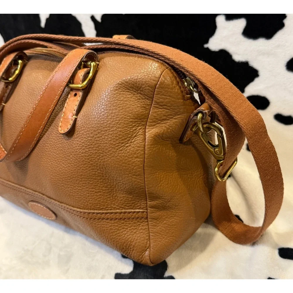 Fossil Brown Pebbled Leather Satchel Crossbody Bag Brass Hardware Handbag